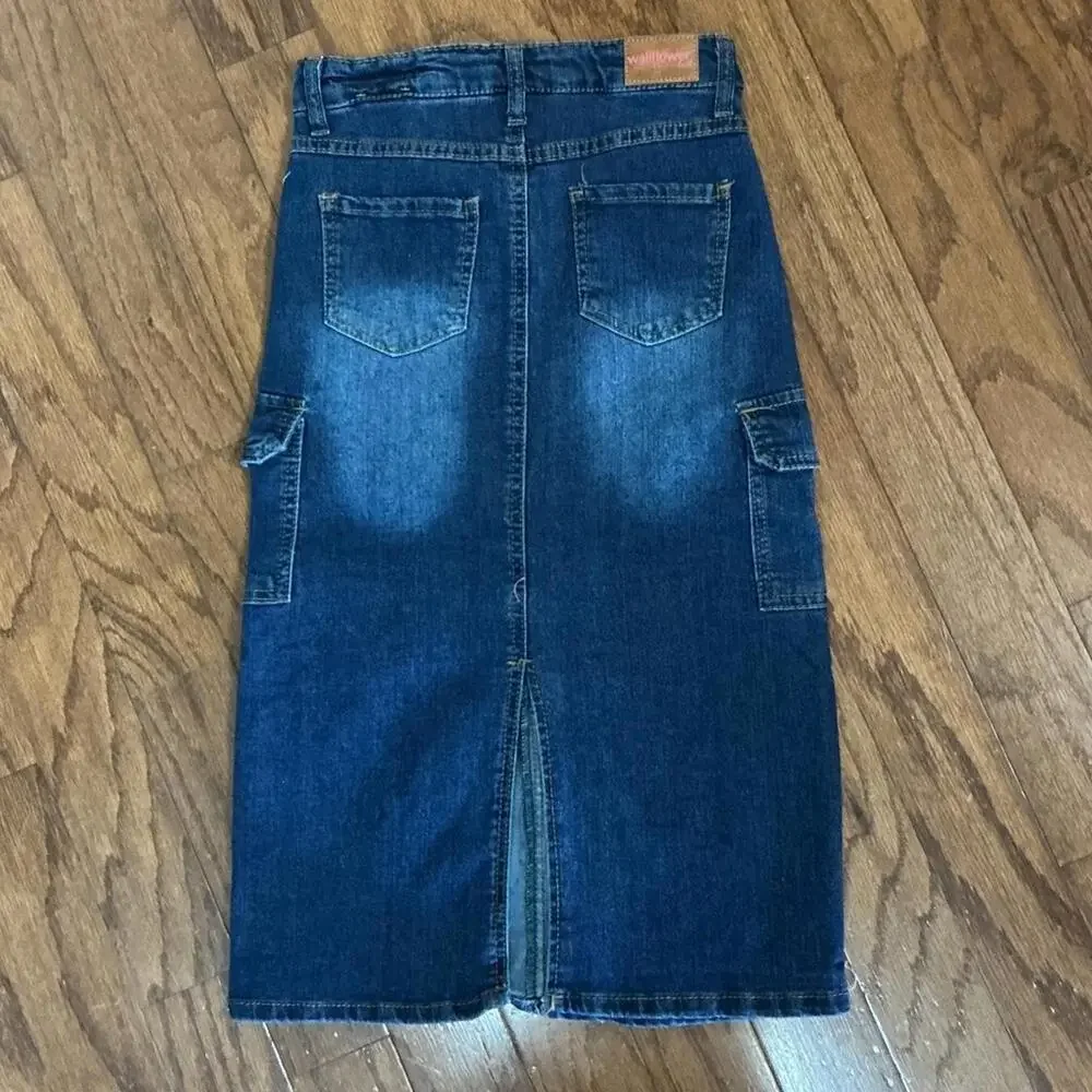 Wallflower Girl  Dark Blue Denim Maxi Skirt Distressed Size 8 NWT - Picture 5 of 8